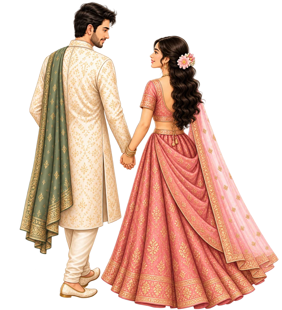 Illustration of Prasanna Kumar and Abhisha in traditional Indian engagement attire, walking hand in hand