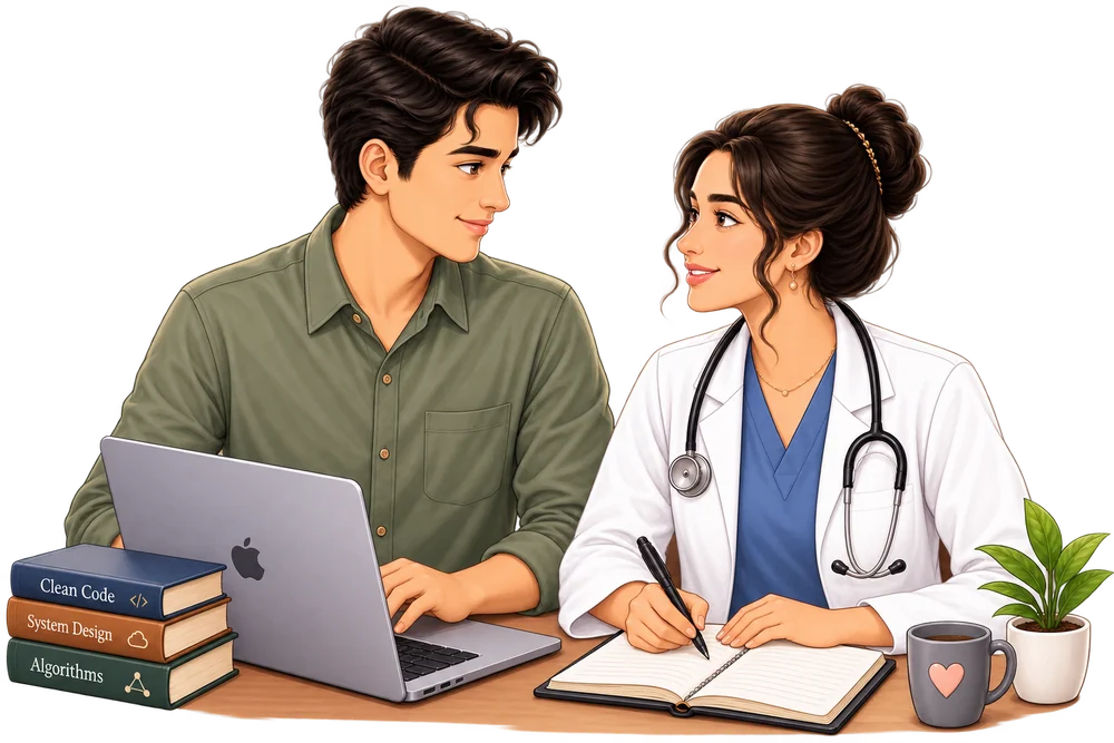 Illustration of Prasanna at his laptop beside a stack of programming books and Abhisha in a doctor's coat with a stethoscope, writing in her notebook